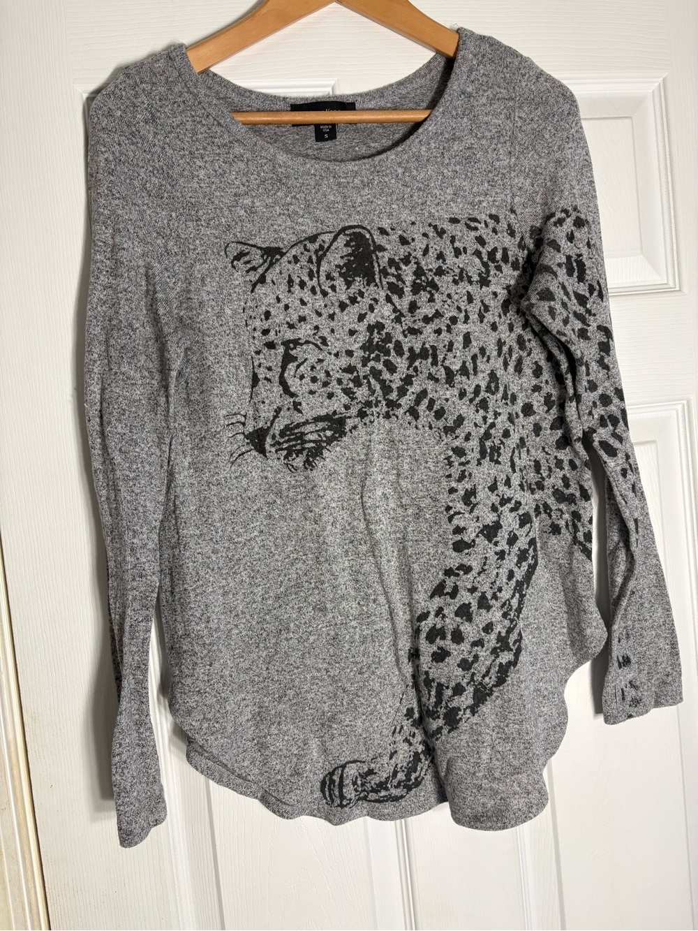 Karen Kane Grey Crewneck Sweater with Black Leopard Motif